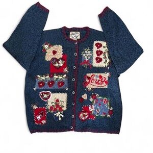 Blue Heirloom Collectibles Patchwork Cardigan with Heart and Floral Designs